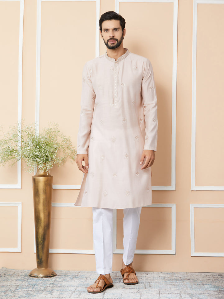 Light Classic Rose Embroidered Pure Chanderi Silk Straight Kurta