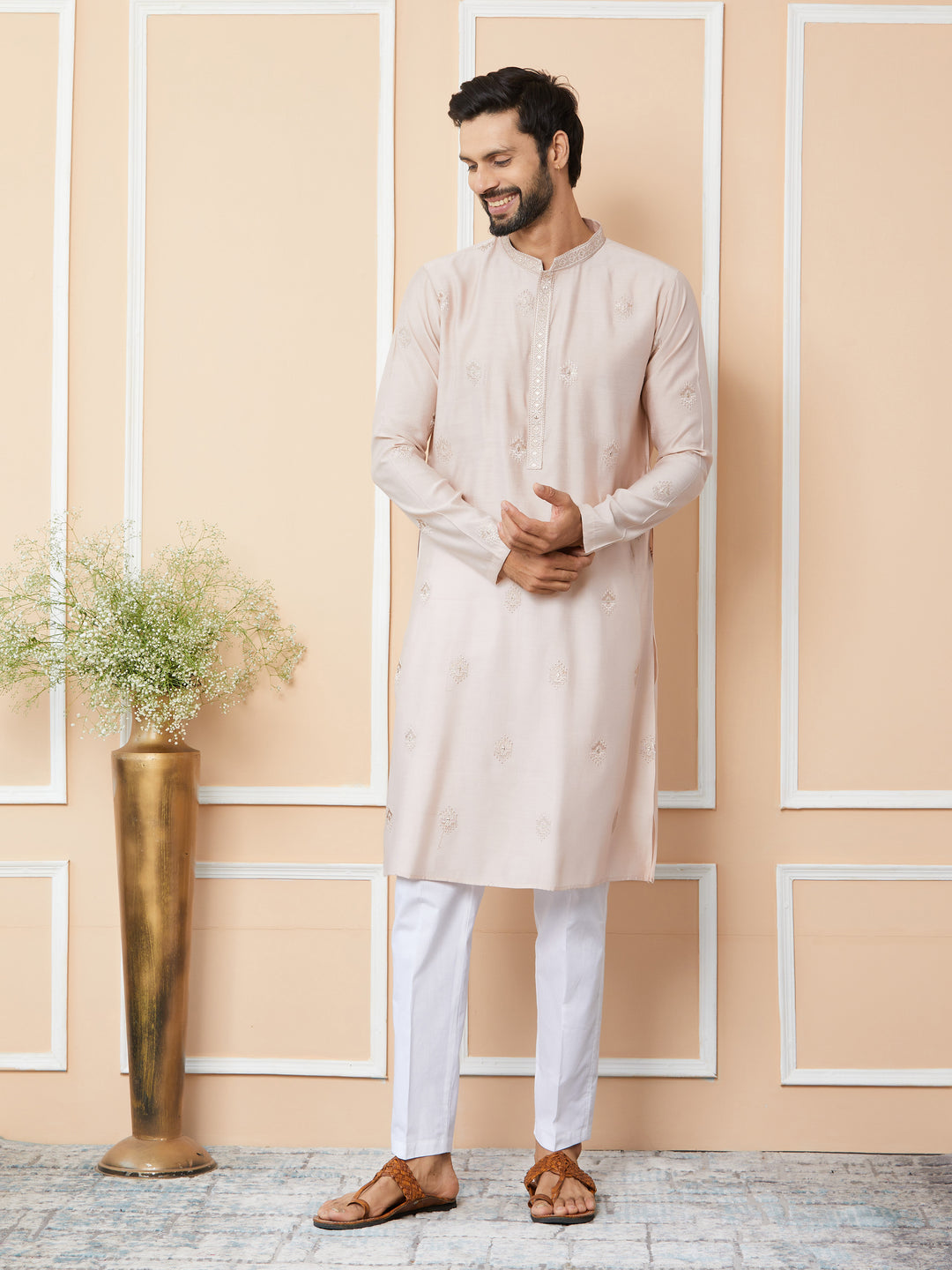 Light Classic Rose Embroidered Pure Chanderi Silk Straight Kurta