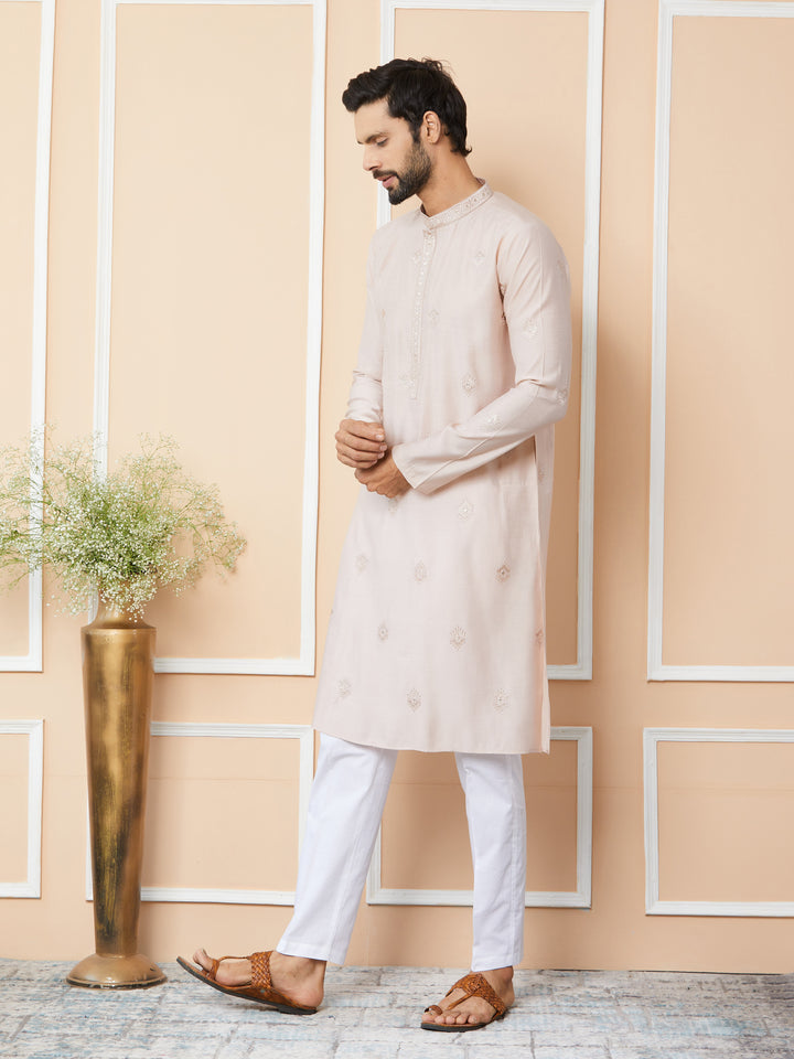 Light Classic Rose Embroidered Pure Chanderi Silk Straight Kurta