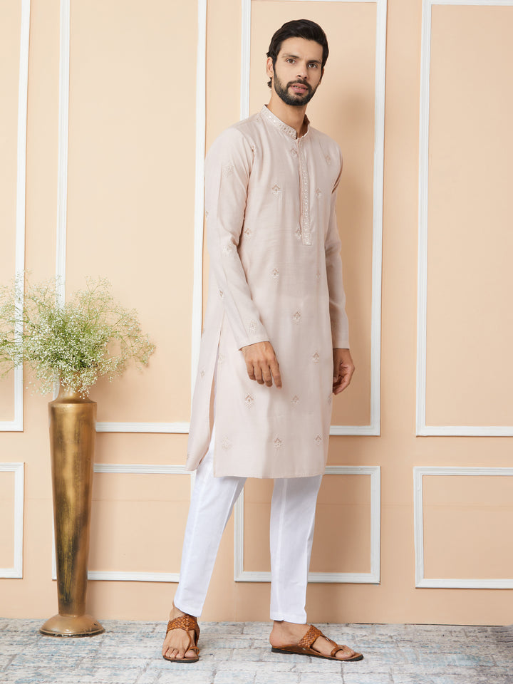 Light Classic Rose Embroidered Pure Chanderi Silk Straight Kurta