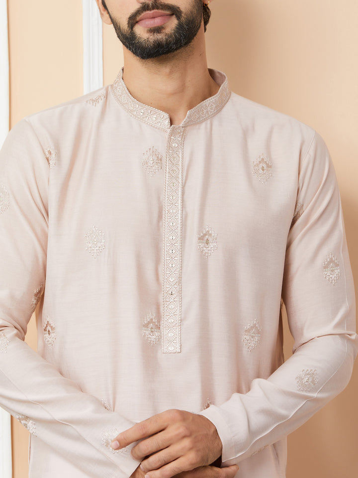 Light Classic Rose Embroidered Pure Chanderi Silk Straight Kurta