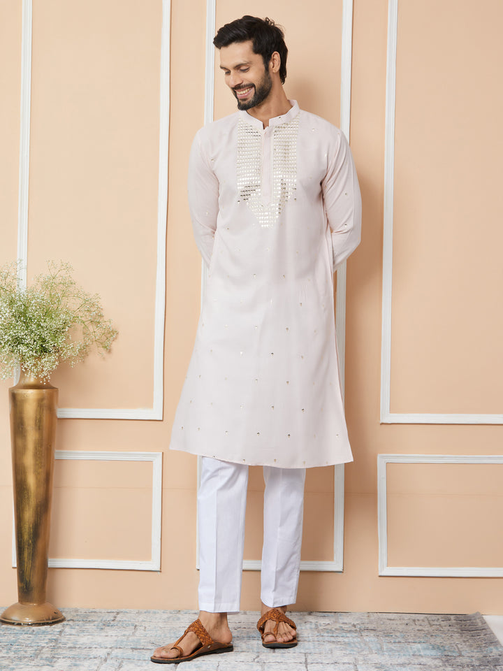 Light Pink Sequins Embroidered Rayon Straight Kurta with Yoke Design and Pyjama