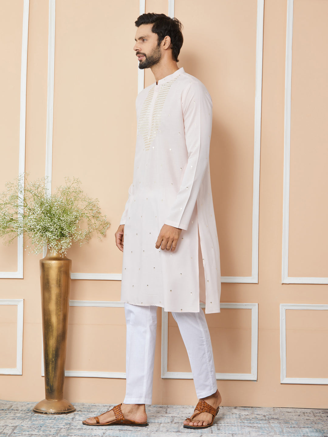 Light Pink Sequins Embroidered Rayon Straight Kurta with Yoke Design