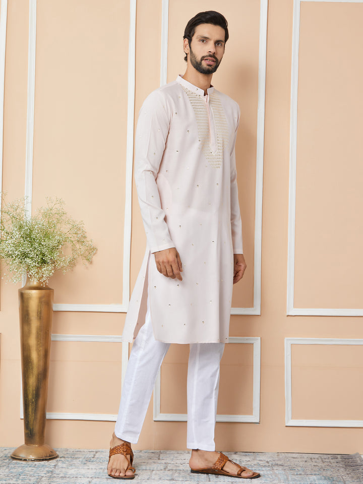 Light Pink Sequins Embroidered Rayon Straight Kurta with Yoke Design and Pyjama