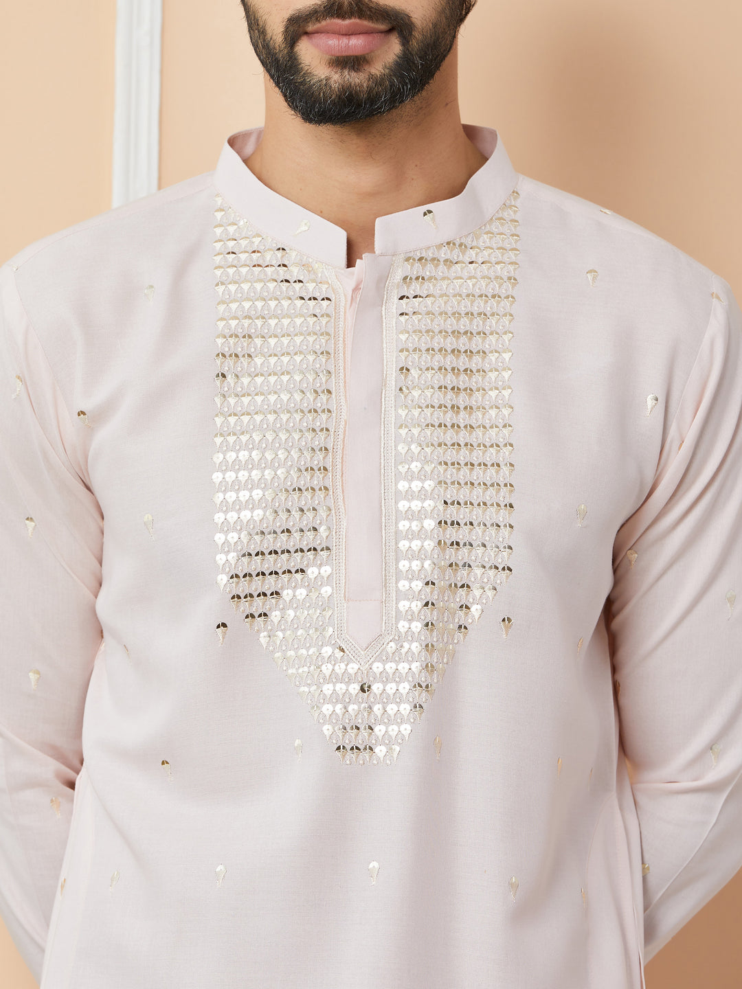 Light Pink Sequins Embroidered Rayon Straight Kurta with Yoke Design