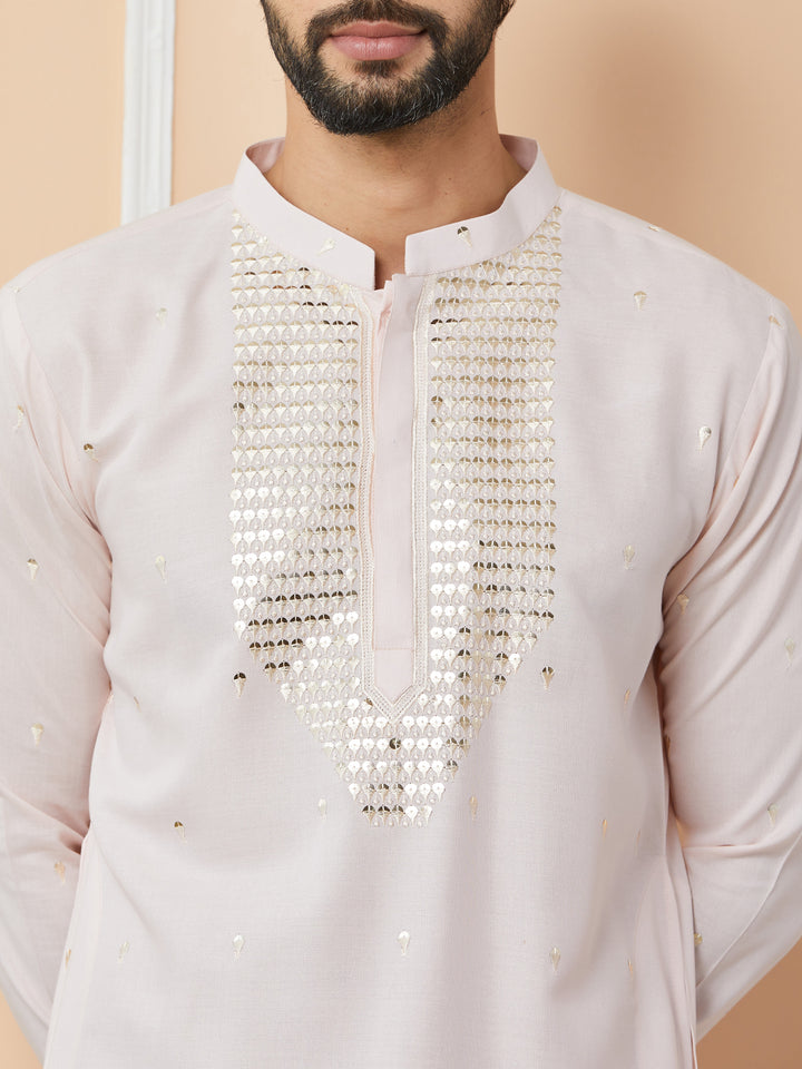 Light Pink Sequins Embroidered Rayon Straight Kurta with Yoke Design and Pyjama