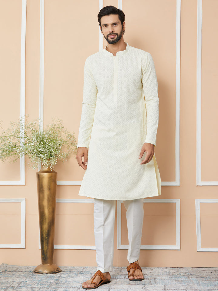 Cream Embroidered Chikankari Rayon Straight Kurta