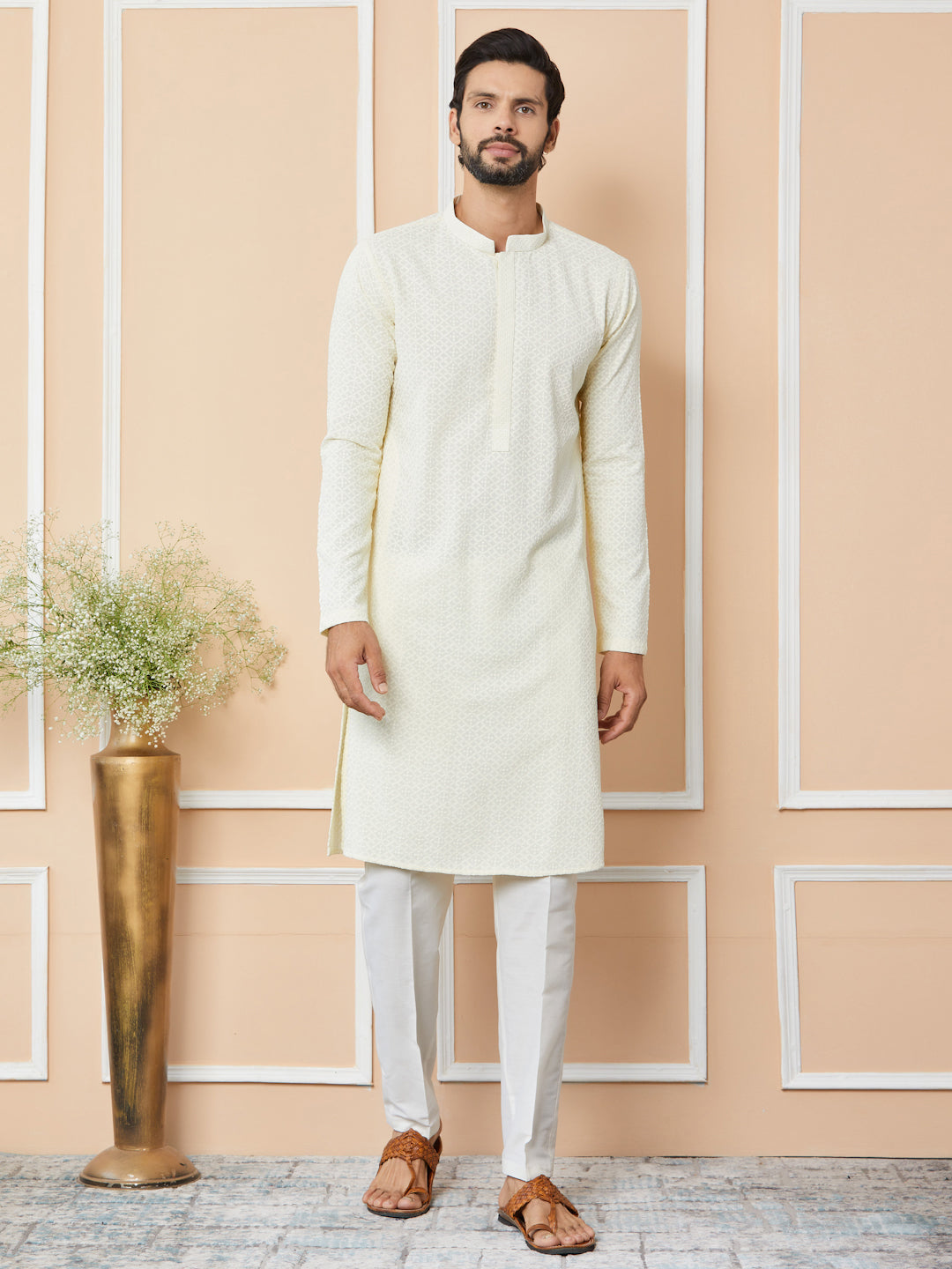 Cream Embroidered Chikankari Rayon Straight Kurta