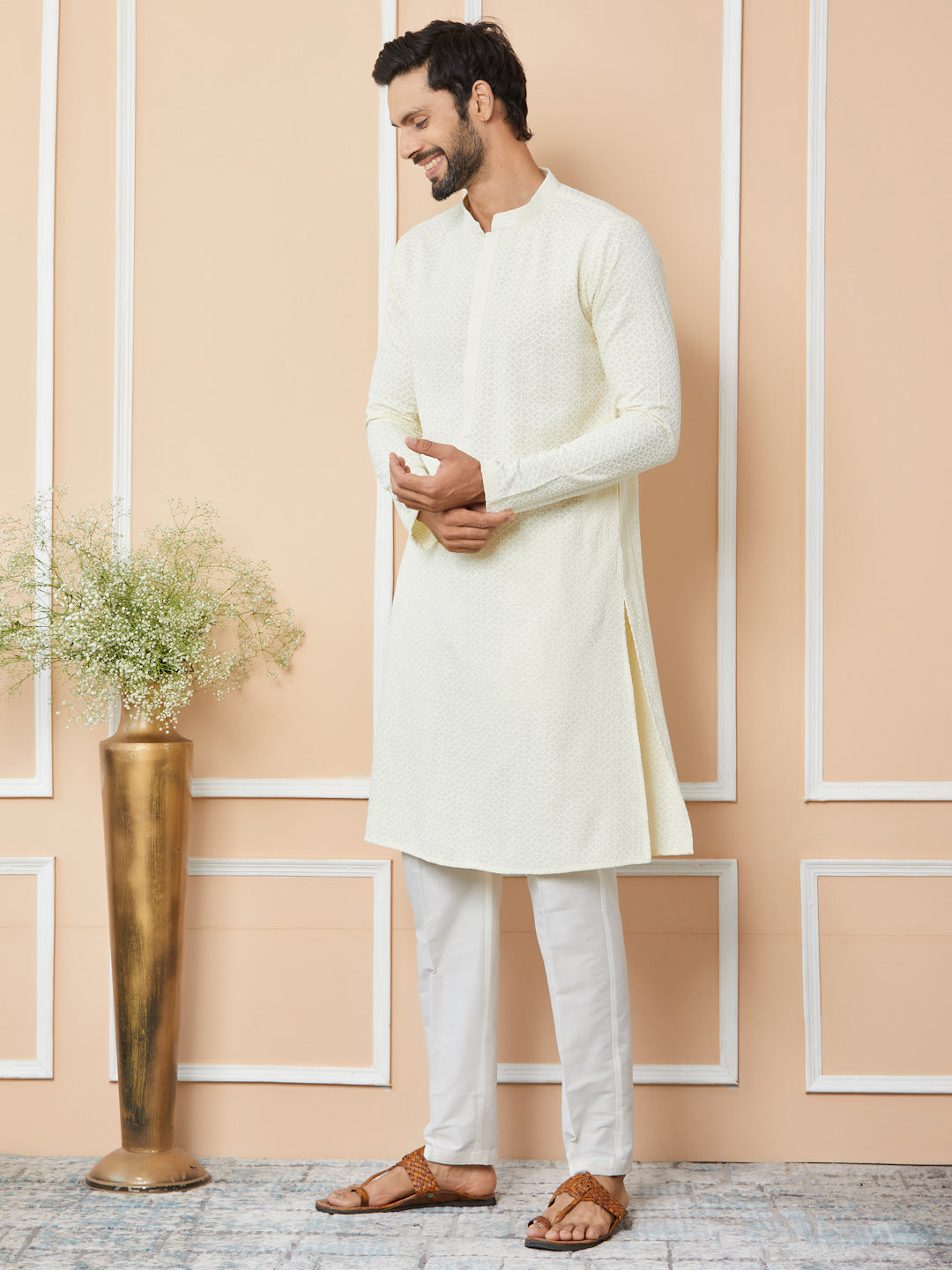 Cream Embroidered Chikankari Rayon Straight Kurta