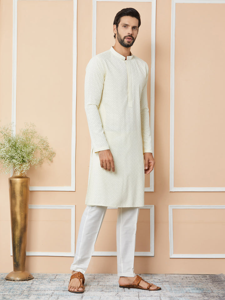 Cream Embroidered Chikankari Rayon Straight Kurta