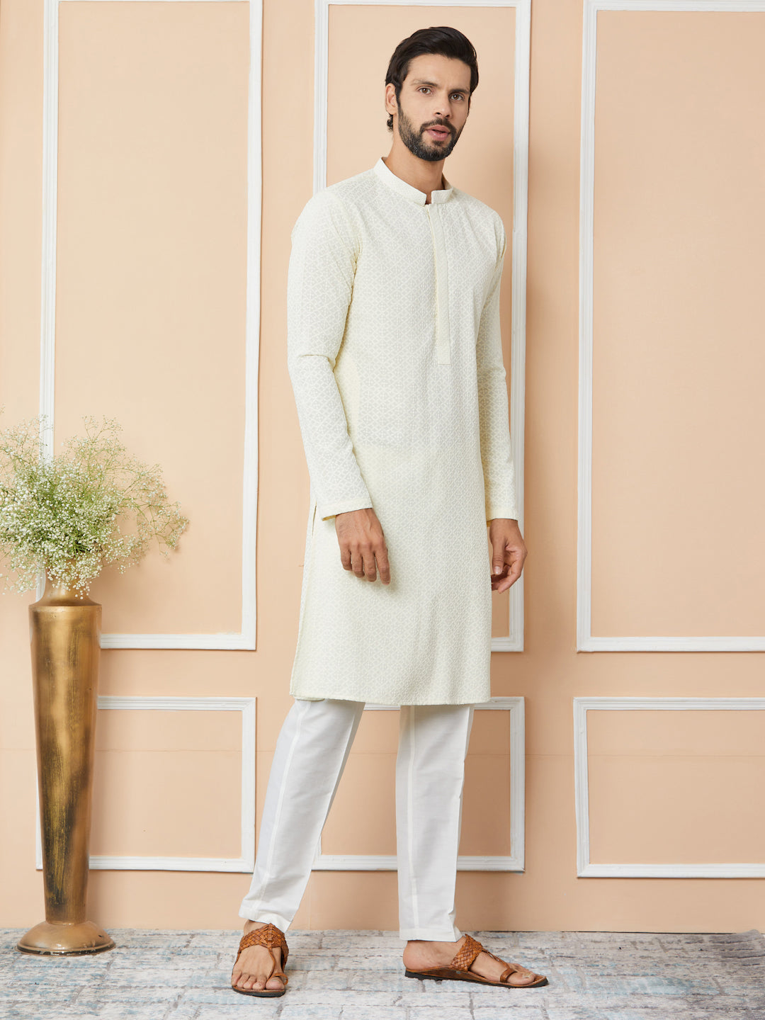 Cream Embroidered Chikankari Rayon Straight Kurta with Pyjama