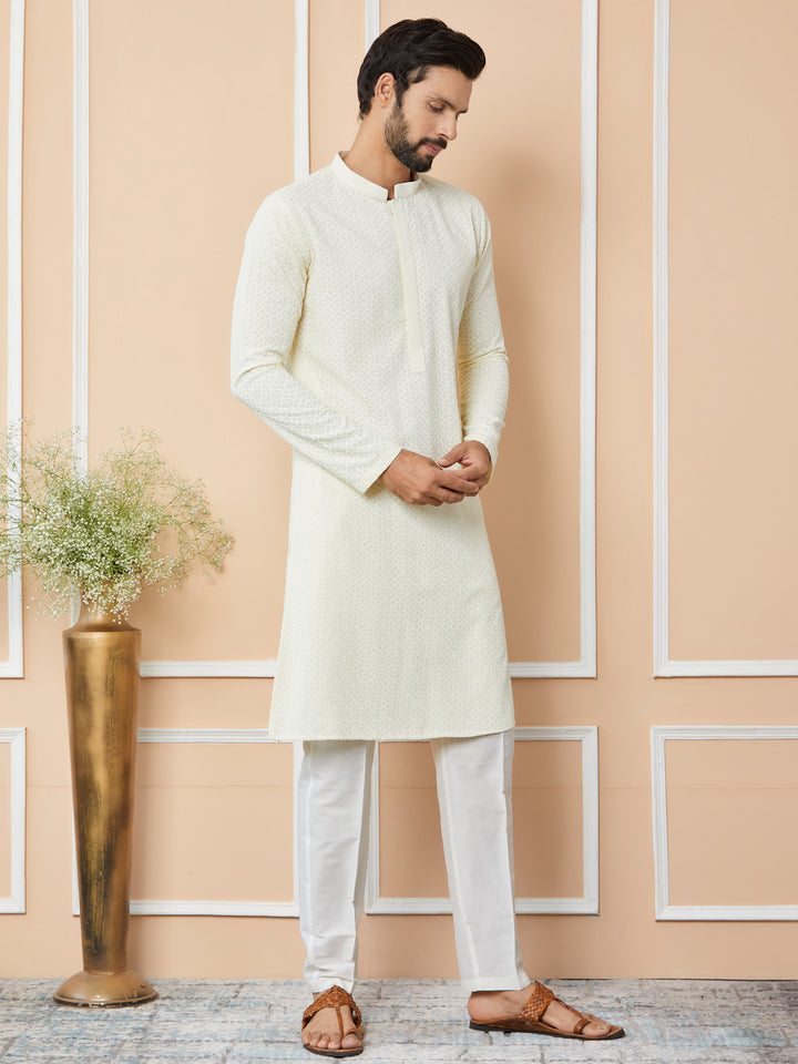 Cream Embroidered Chikankari Rayon Straight Kurta