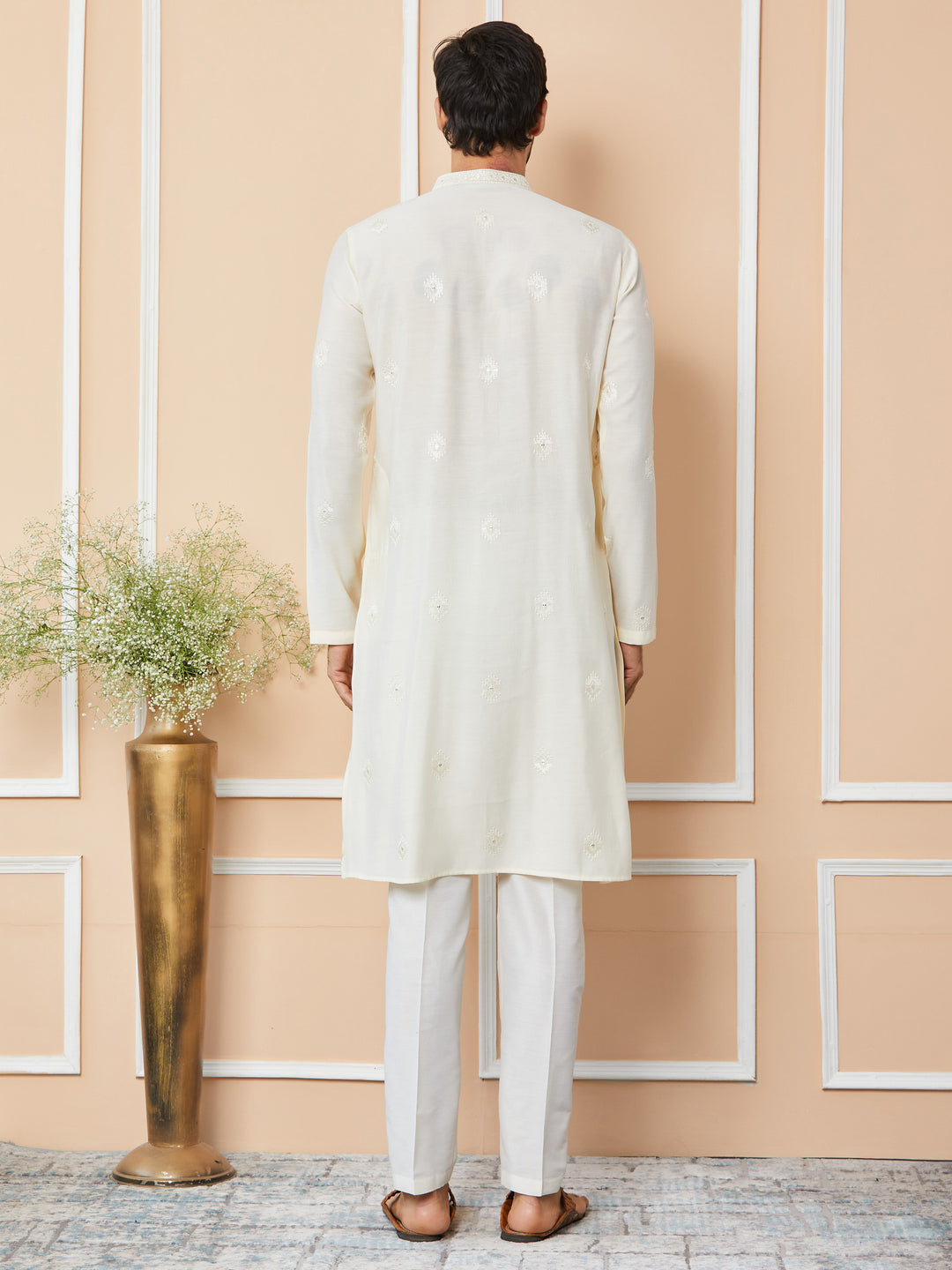 Cream Embroidered Pure Chanderi Silk Straight Kurta