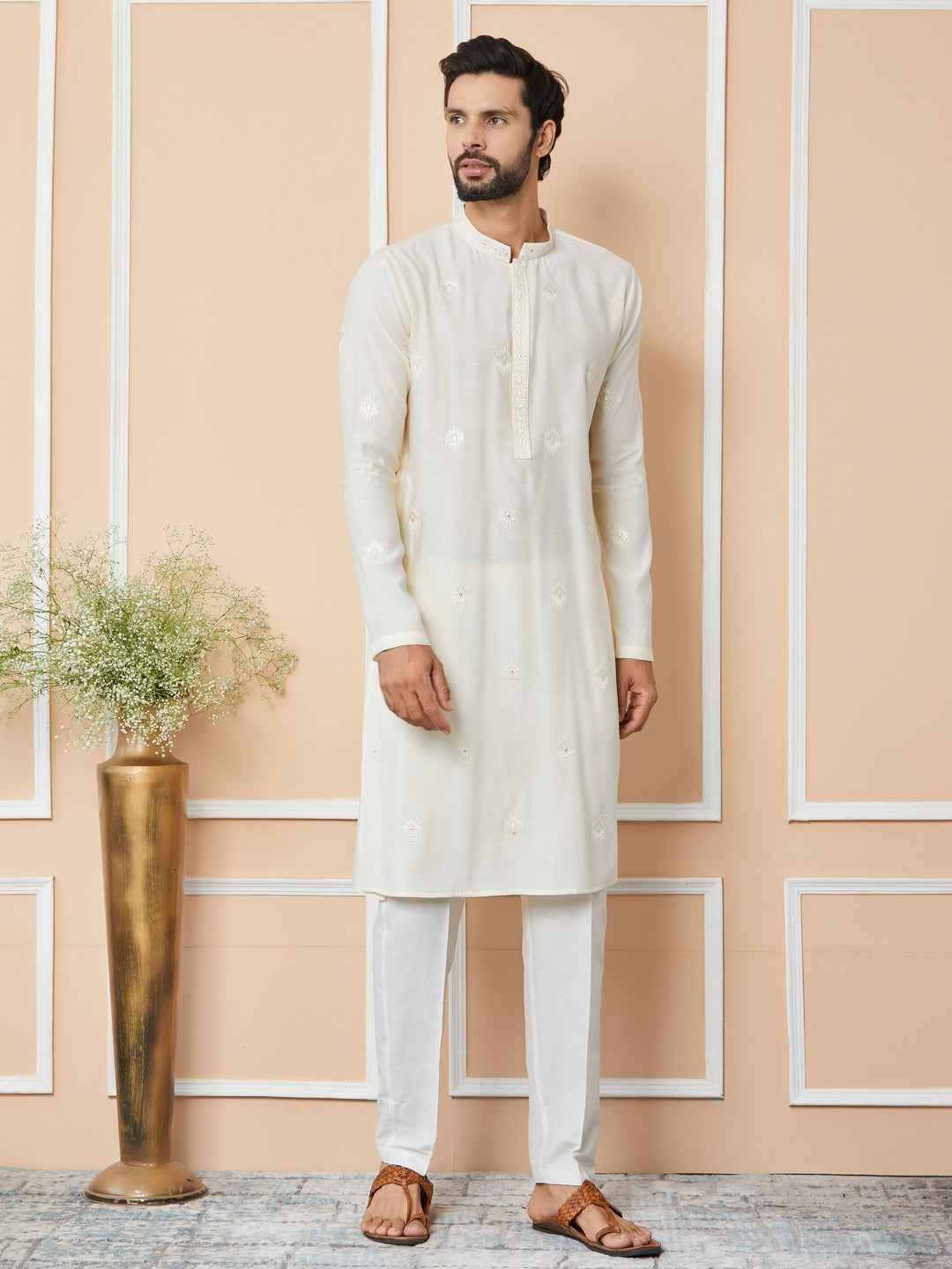 Cream Embroidered Pure Chanderi Silk Straight Kurta