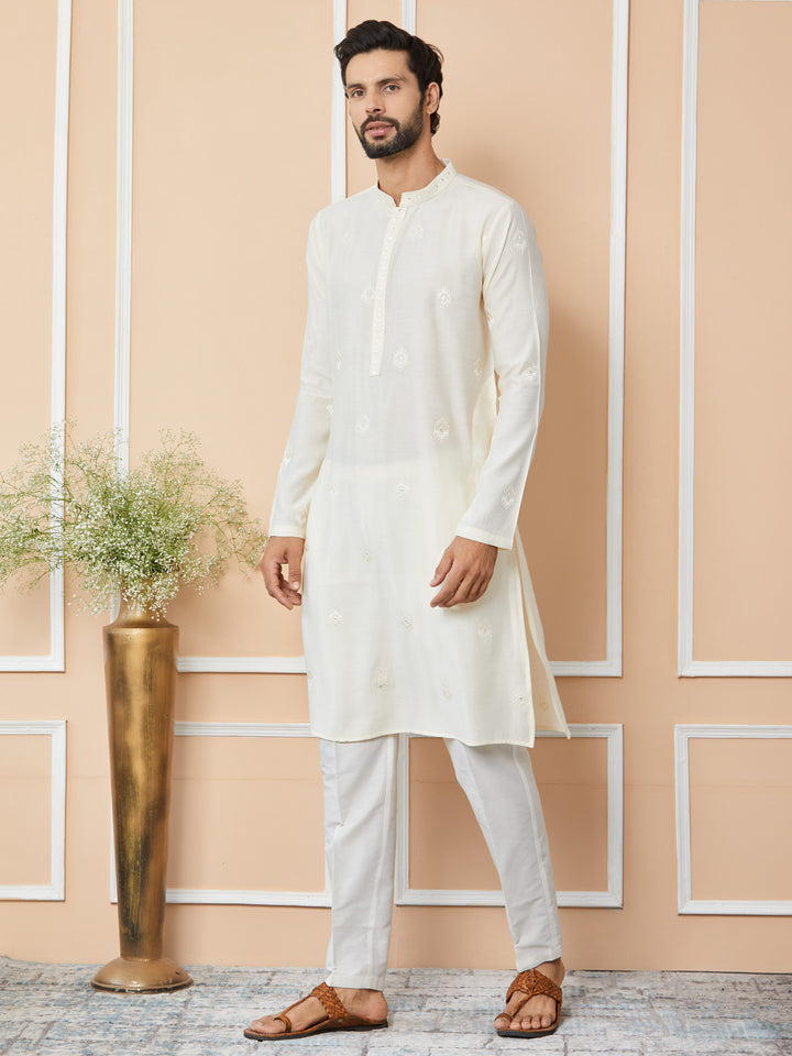 Cream Embroidered Pure Chanderi Silk Straight Kurta