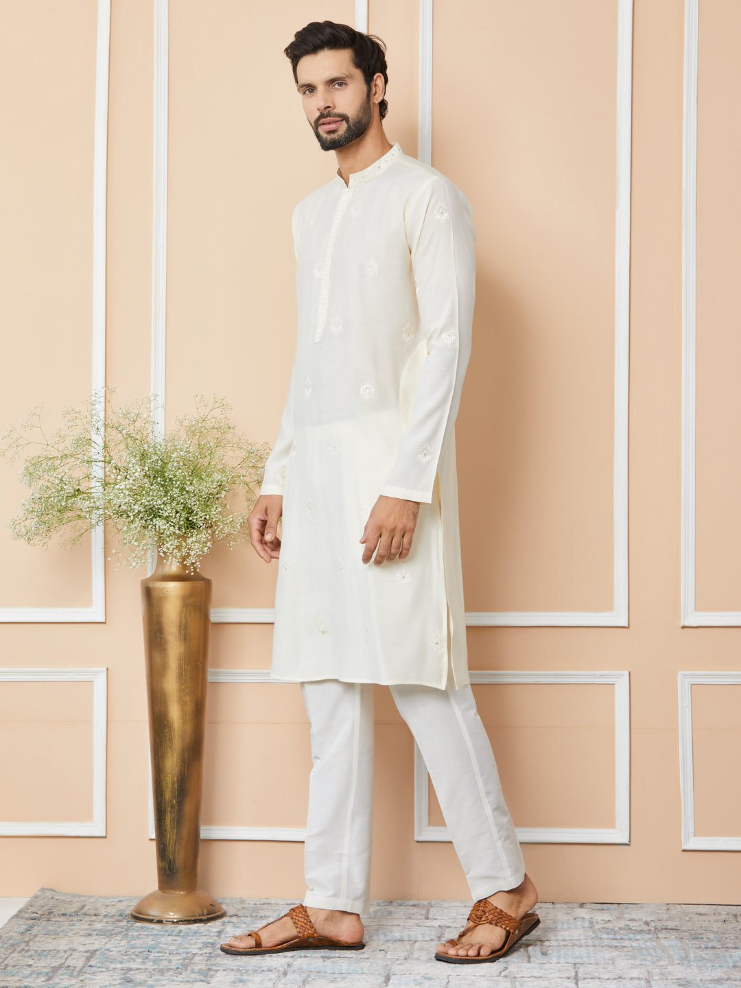 Cream Embroidered Pure Chanderi Silk Straight Kurta