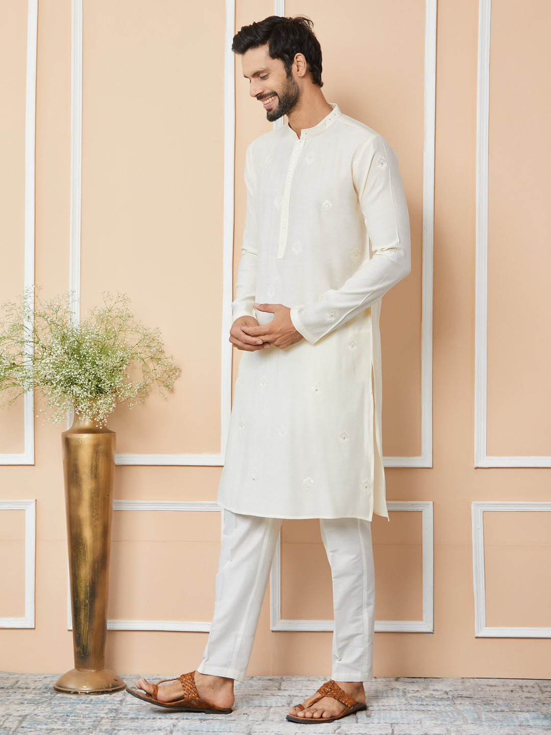 Cream Embroidered Pure Chanderi Silk Straight Kurta