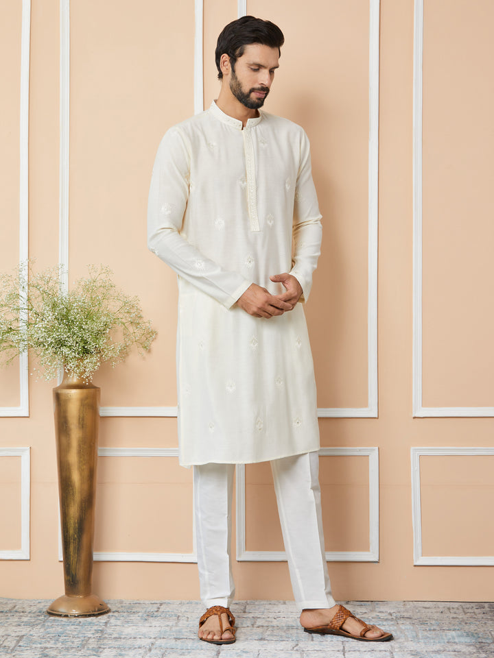 Cream Embroidered Pure Chanderi Silk Straight Kurta