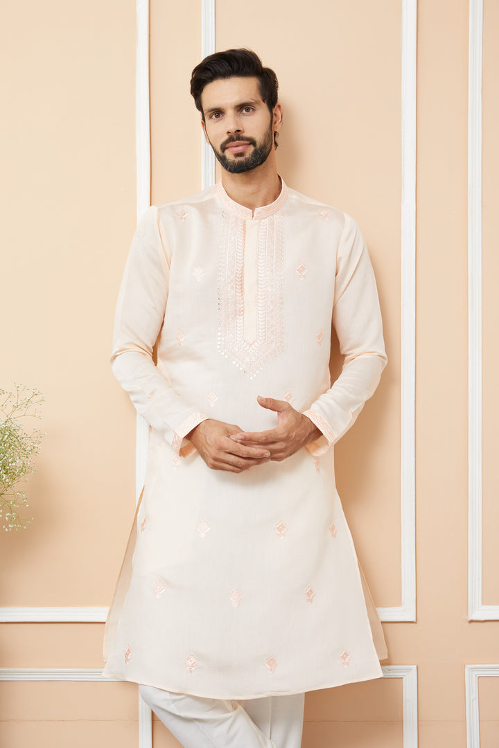 Peach Embroidered Chanderi Silk Straight Kurta