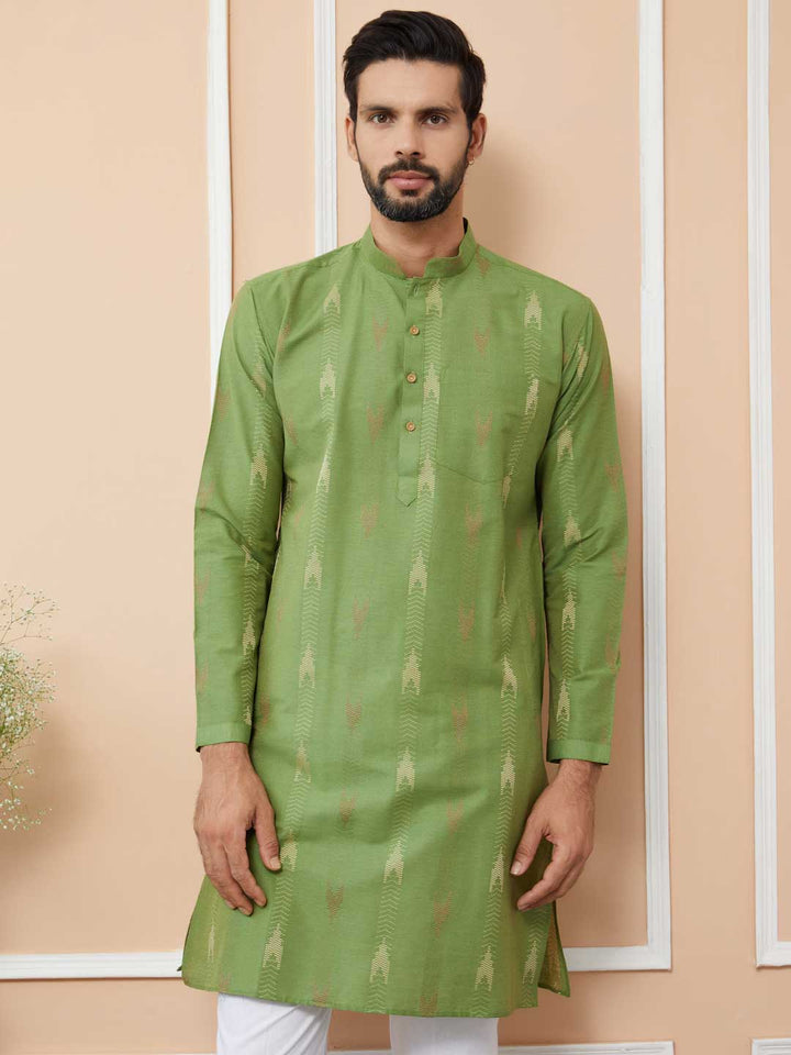 Green Cotton Handloom motifs Straight Kurta see designs