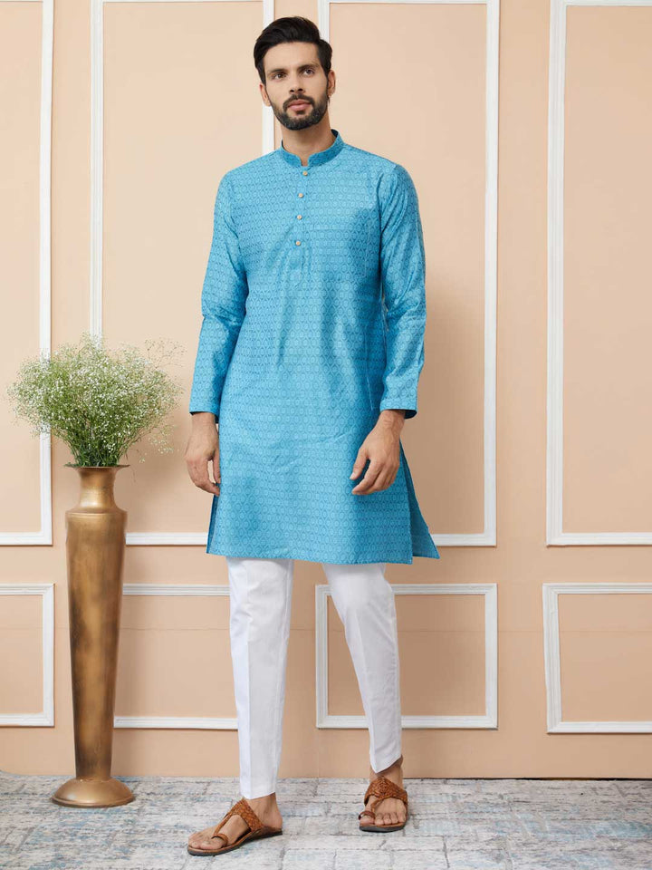 Light Blue Ethnic Motifs Silk Jacquard Woven Design Straight Kurta with Pyjama see designs