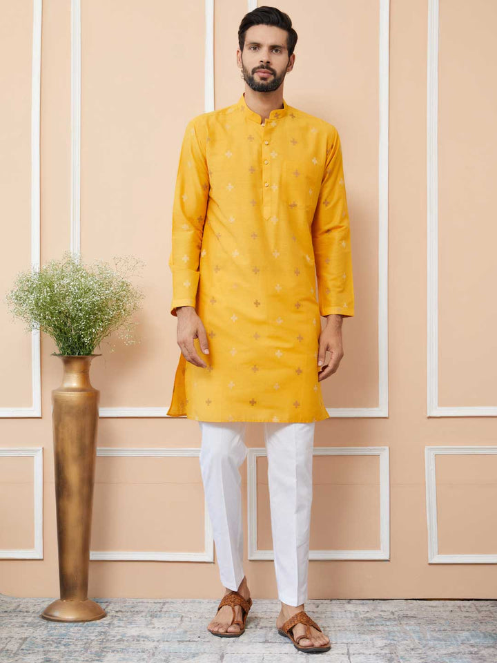 Mustard Cotton Handloom motifs Straight Kurta with Pyjama