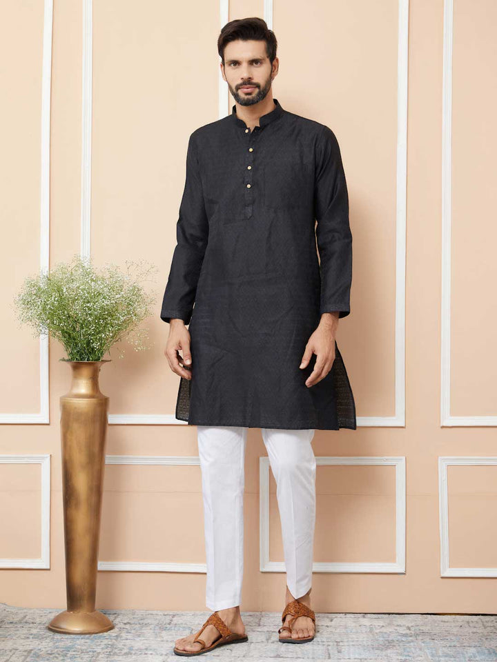 Black Ethnic Motifs Silk Jacquard Woven Design Straight Kurta with Pyjama