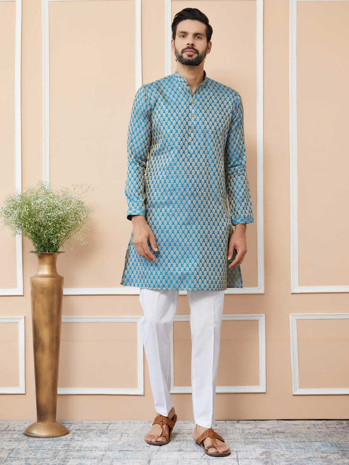 Blue-Beige Ethnic Motifs Silk Jacquard Woven Design Straight Kurta