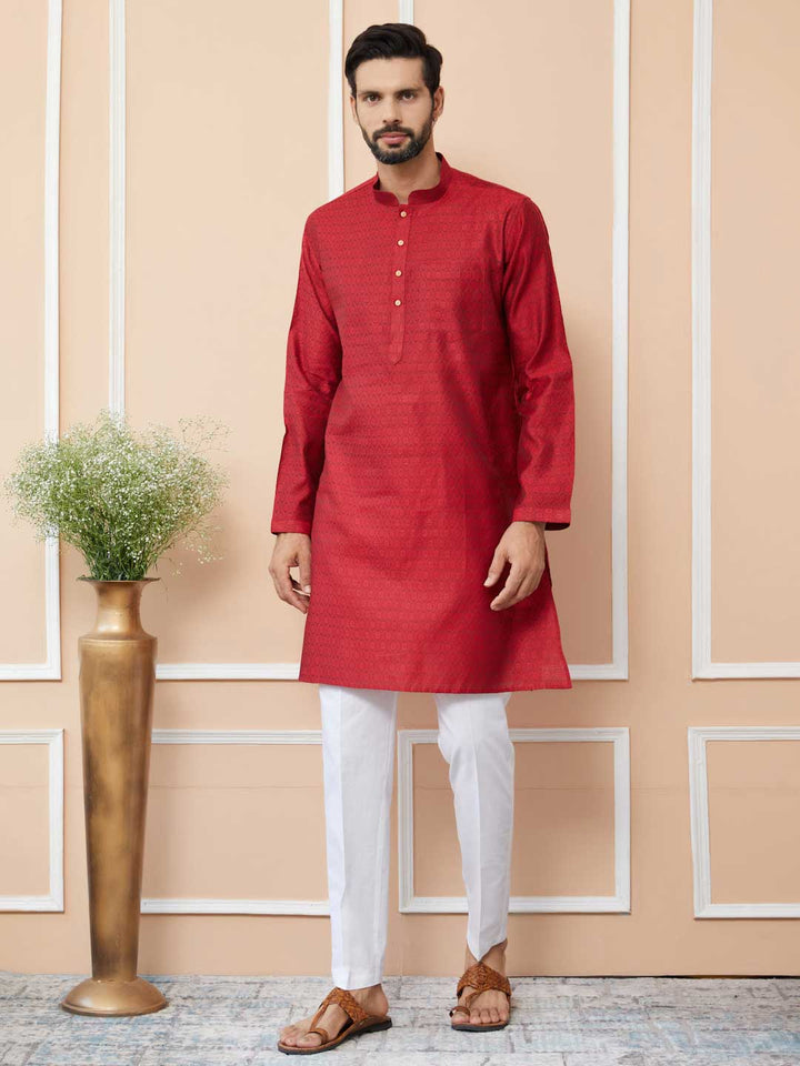 Red Ethnic Motifs Silk Jacquard Woven Design Straight Kurta with pyjama