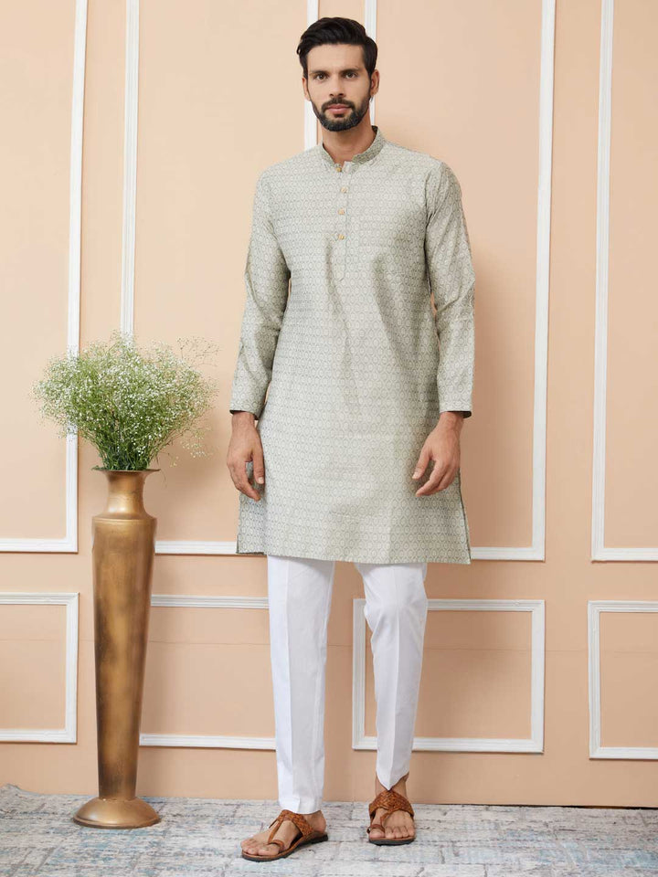 Cream-Grey Ethnic Motifs Silk Jacquard Woven Design Straight Kurta