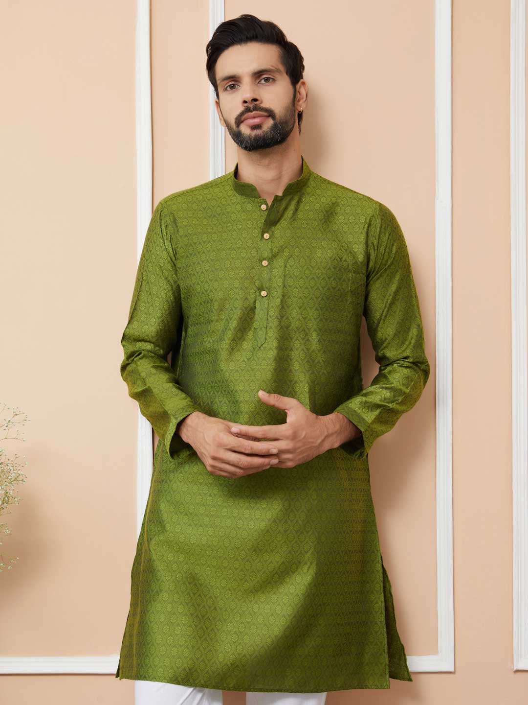 Green Ethnic Motifs Silk Jacquard Woven Design Straight Kurta