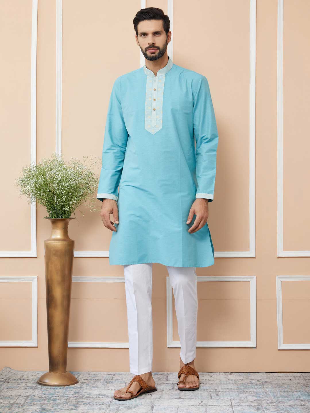 Blue Solid Cotton Straight Kurta with Jacquard neckline