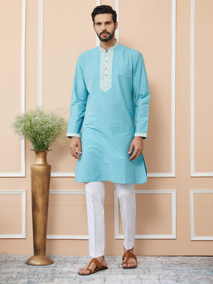 Blue Solid Cotton Straight Kurta with Jacquard neckline