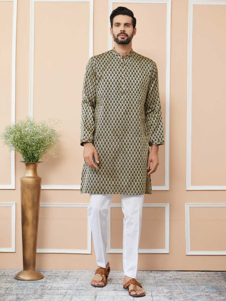 Black Ethnic Motifs Silk Jacquard Woven Design Straight Kurta with Pyjama