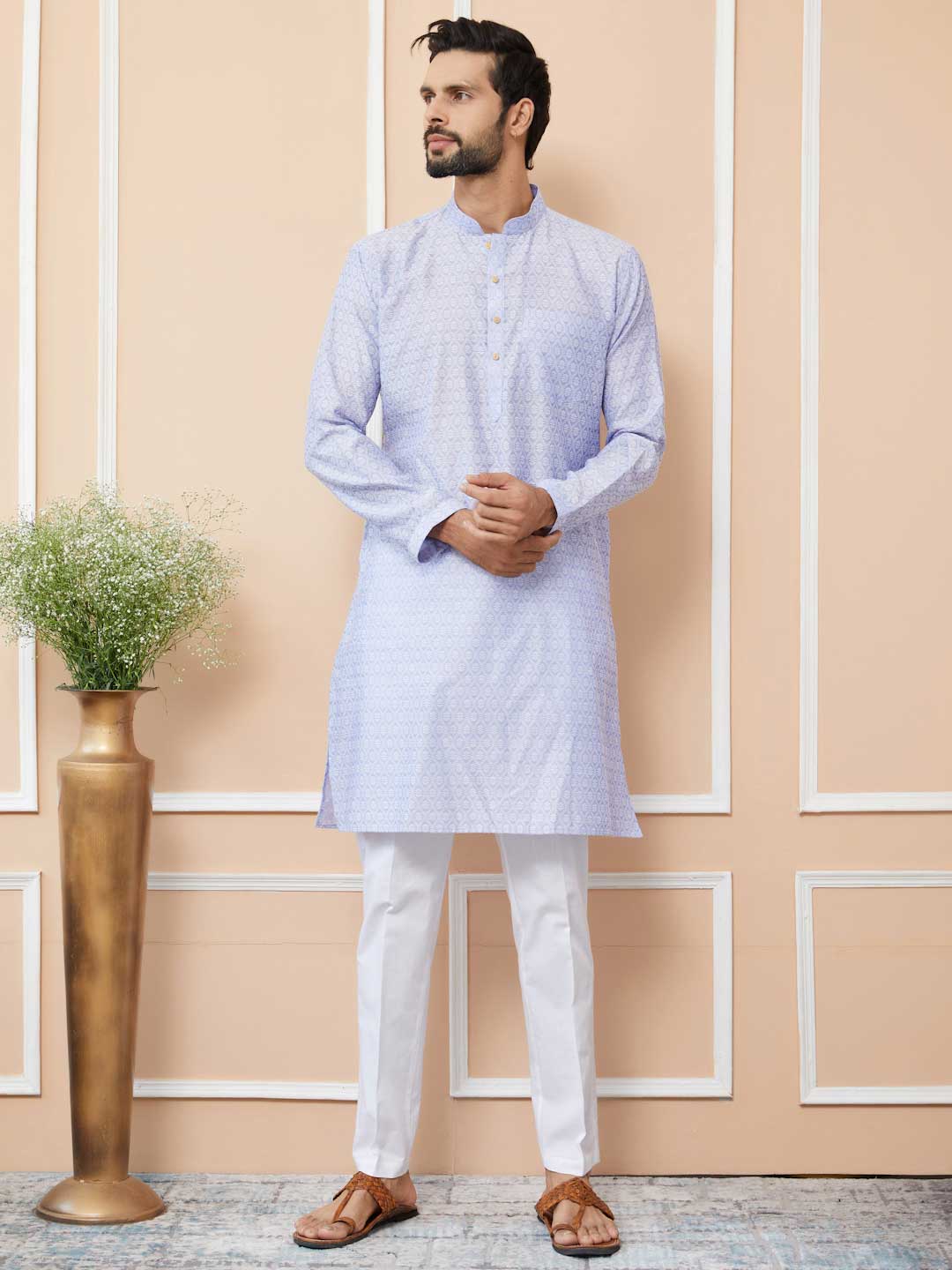 Periwinkle Blue Ethnic Motifs Silk Jacquard Woven Design Straight Kurta with pyjama