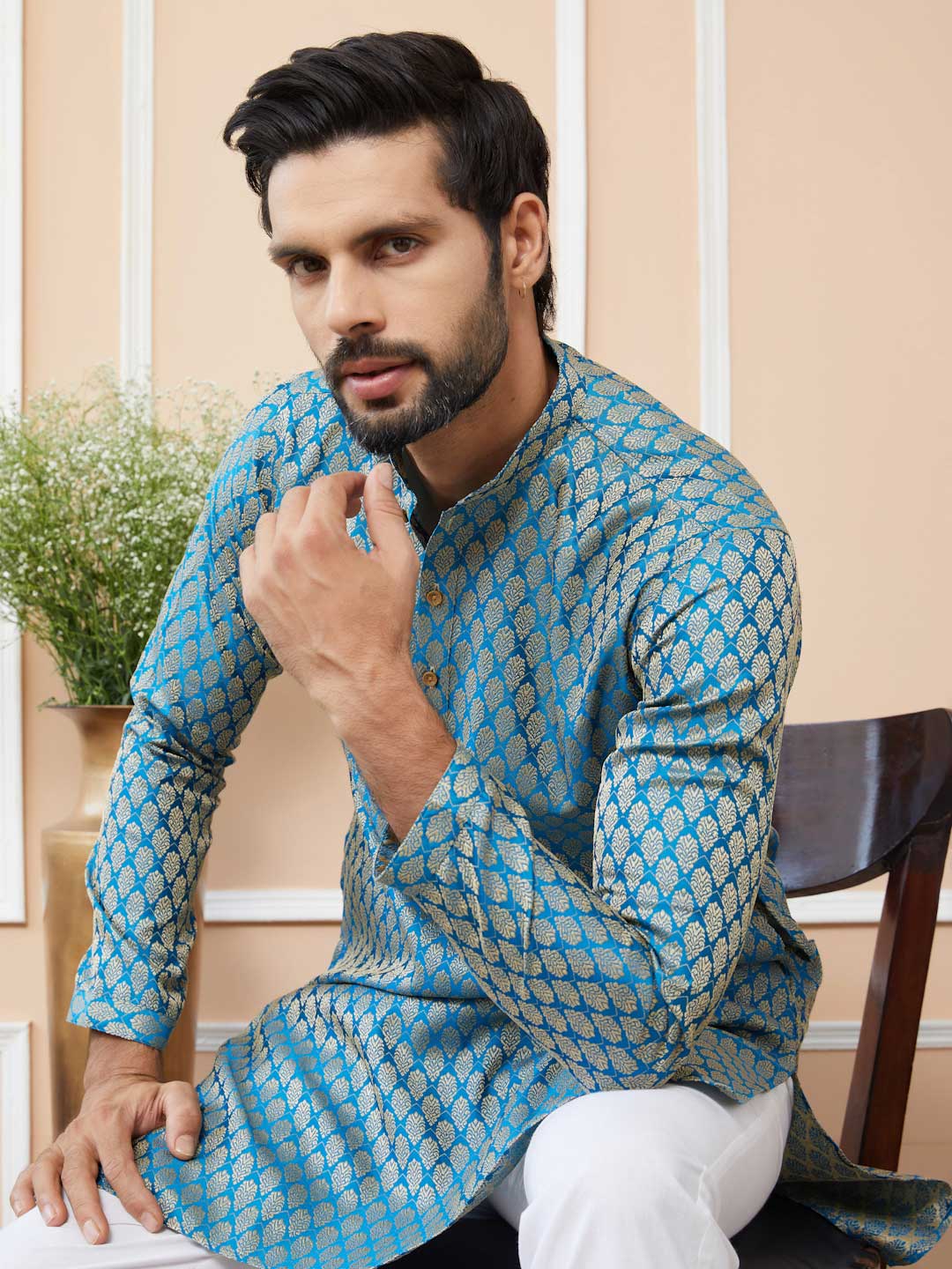 Blue-Beige Ethnic Motifs Silk Jacquard Woven Design Straight Kurta