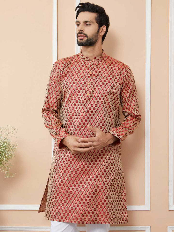 Beige-Maroon Ethnic Motifs Silk Jacquard Woven Design Straight Kurta