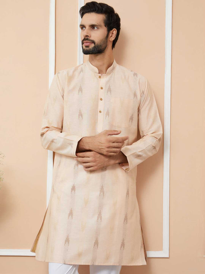 Peach Cotton Handloom motifs Straight Kurta