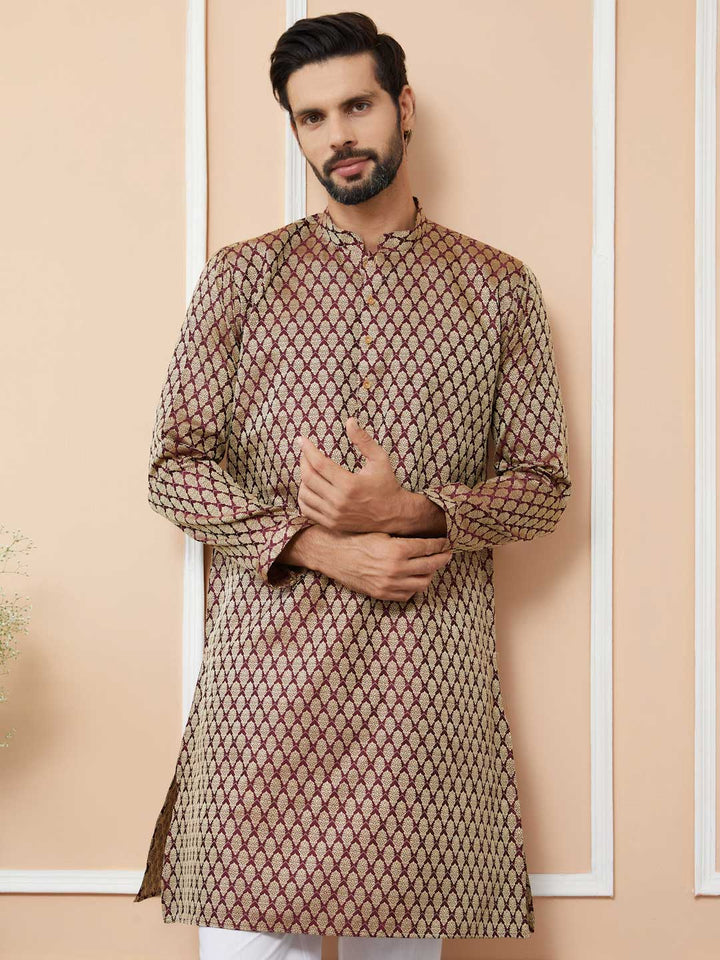 Dark Mauve Ethnic Motifs Silk Jacquard Woven Design Straight Kurta