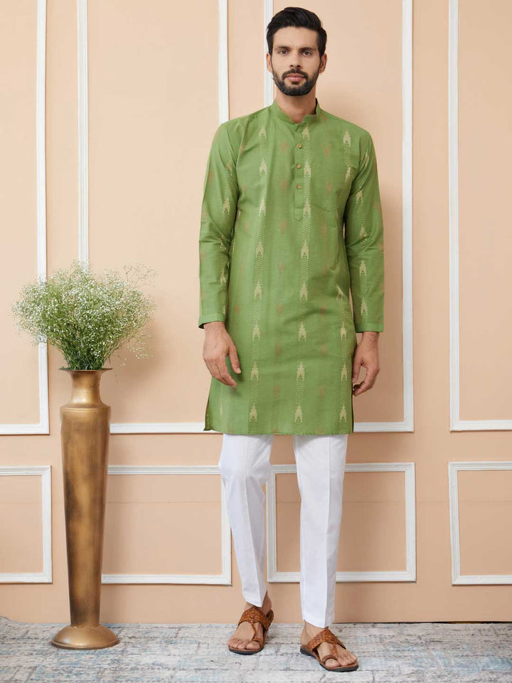 Green Cotton Handloom motifs Straight Kurta with Pyjama