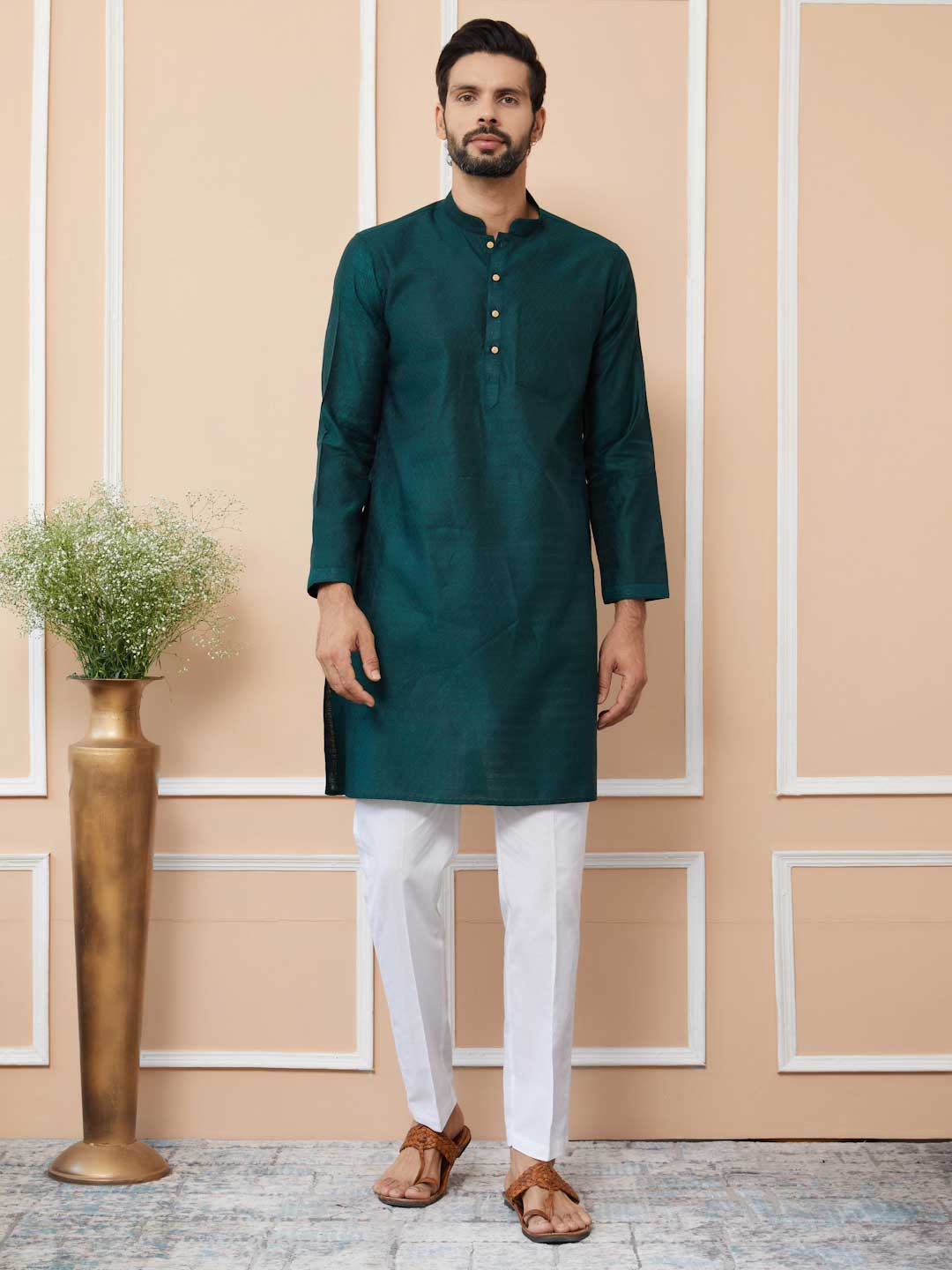 Dark Green Ethnic Motifs Silk Jacquard Woven Design Straight Kurta