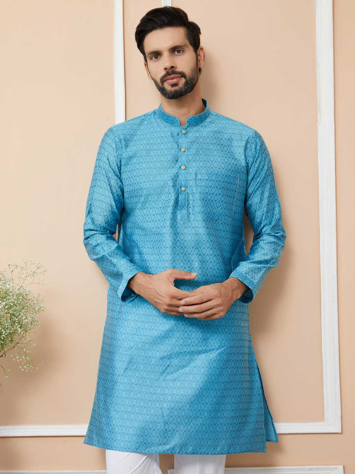 Light Blue Ethnic Motifs Silk Jacquard Woven Design Straight Kurta