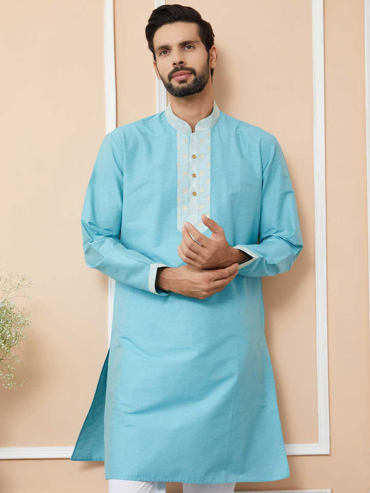 Blue Solid Cotton Straight Kurta with Jacquard neckline