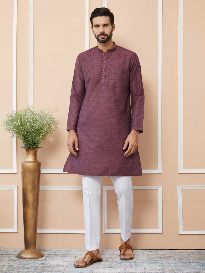 Dark Mauve Ethnic Motifs Silk Jacquard Woven Design Straight Kurta with Pyjama