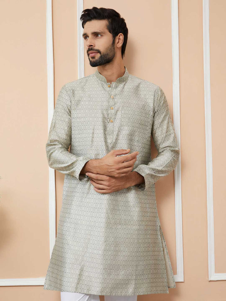 Cream-Grey Ethnic Motifs Silk Jacquard Woven Design Straight Kurta