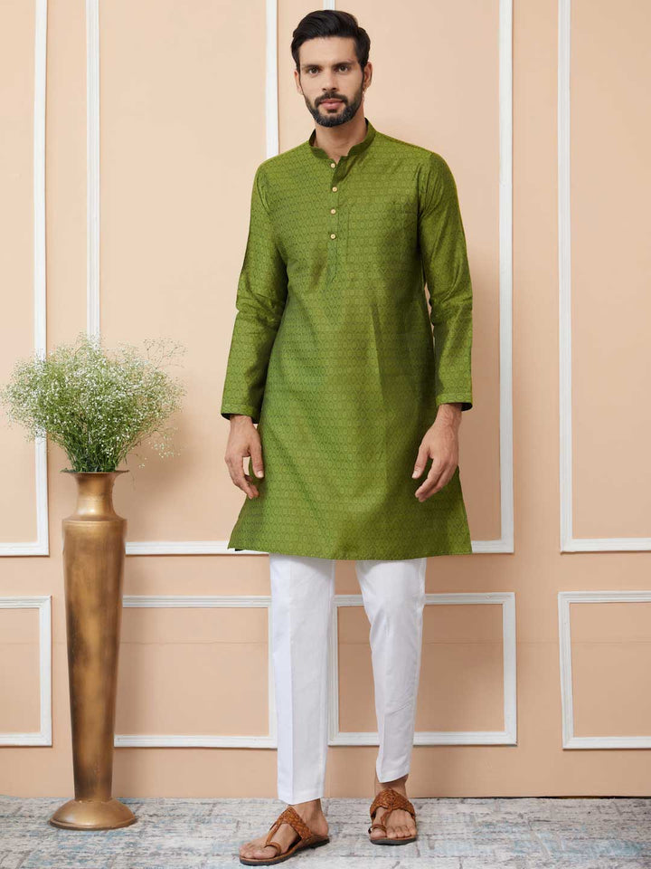 Green Ethnic Motifs Silk Jacquard Woven Design Straight Kurta with Pyjama