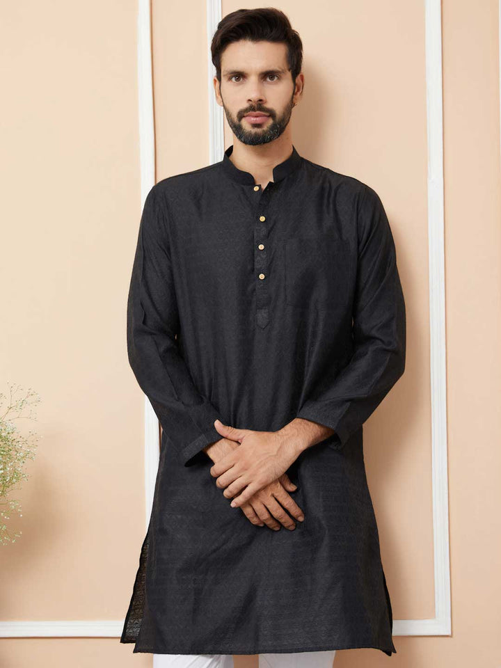 Black Ethnic Motifs Silk Jacquard Woven Design Straight Kurta