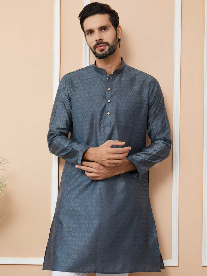 Charcoal Grey Ethnic Motifs Silk Jacquard Woven Design Straight Kurta with Pyjama