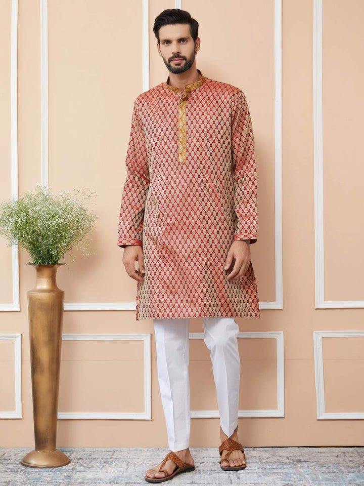 Red-Beige Ethnic Motifs Silk Jacquard Woven Design Straight Kurta with Embroidered Neckline