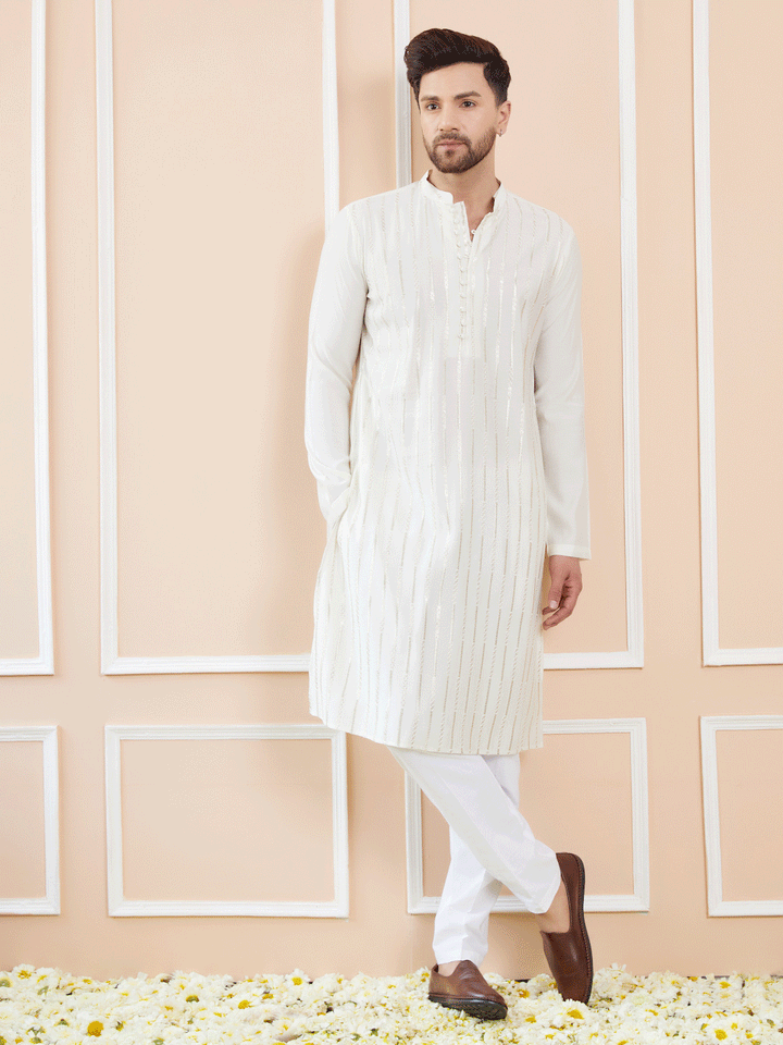 Men Off White and Gold Sequins Embroidered Chanderi Silk Straight  Kurta